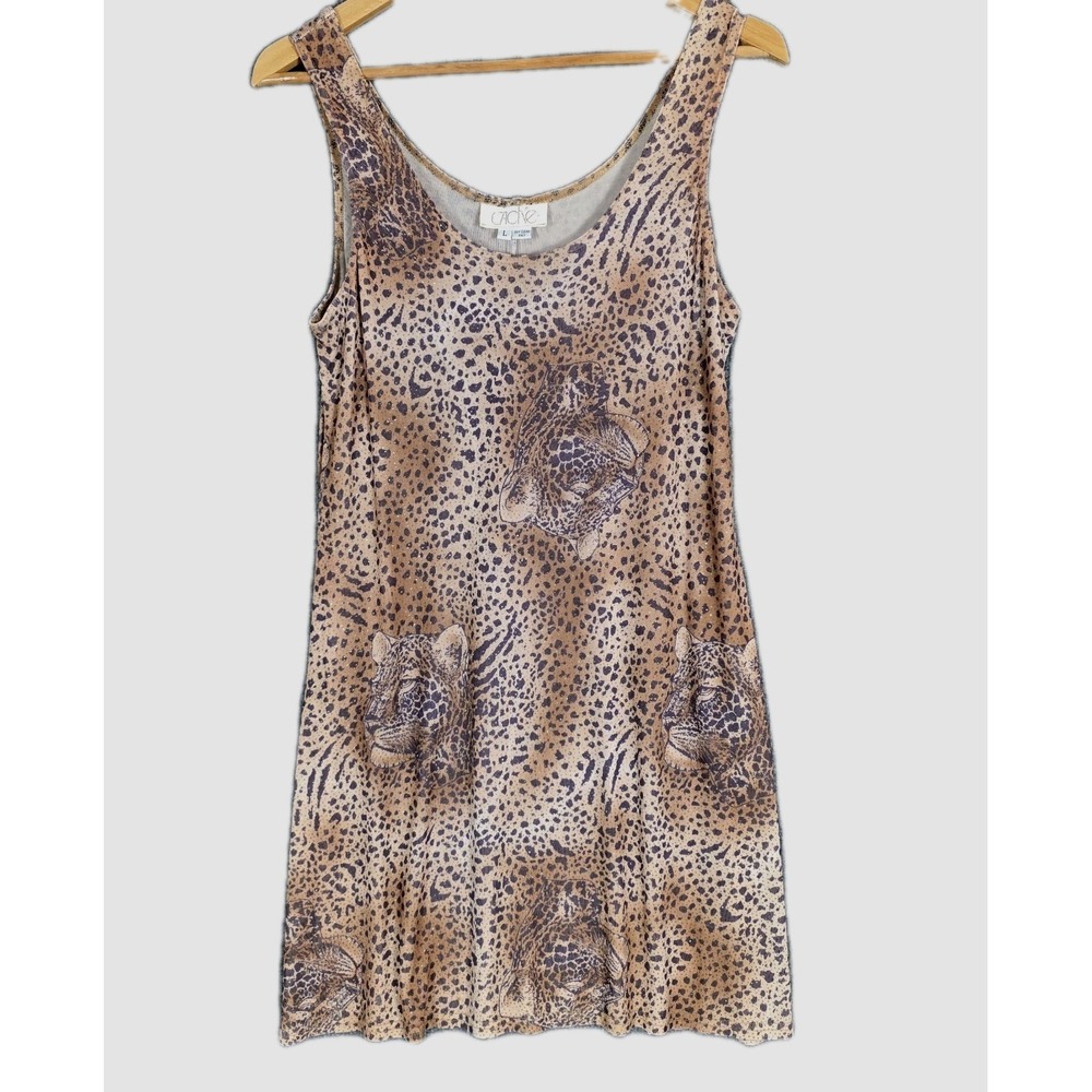 Cache Vintage Gold Label Leopard Cheetah Tank Dress Sequin Rhinestone 90s Glam L